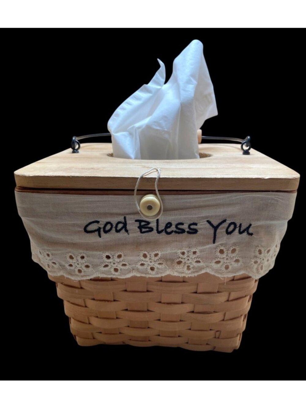 Handcrafted Wooden Tissue Box Holder With Wicker Basket & "God Bless You" Fabric